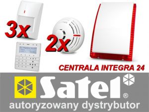 zestaw alarmowy satel integra 24, klawiatura sensoryczna, 3 czujniki ruchu, 2 czujniki dymu, sygnali